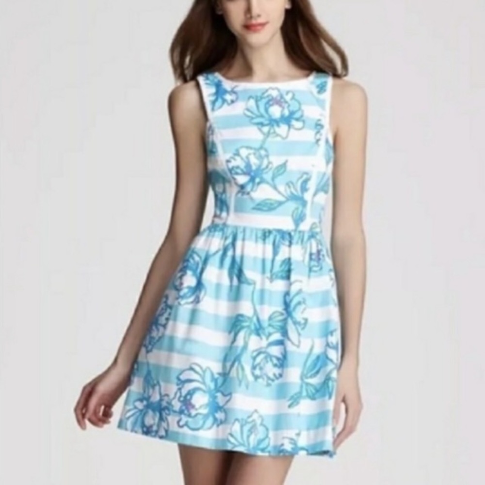 LILLY PULITZER DRESS SANDRINE BLUE WHITE STRIPED WITH PEARLS SIZE 6